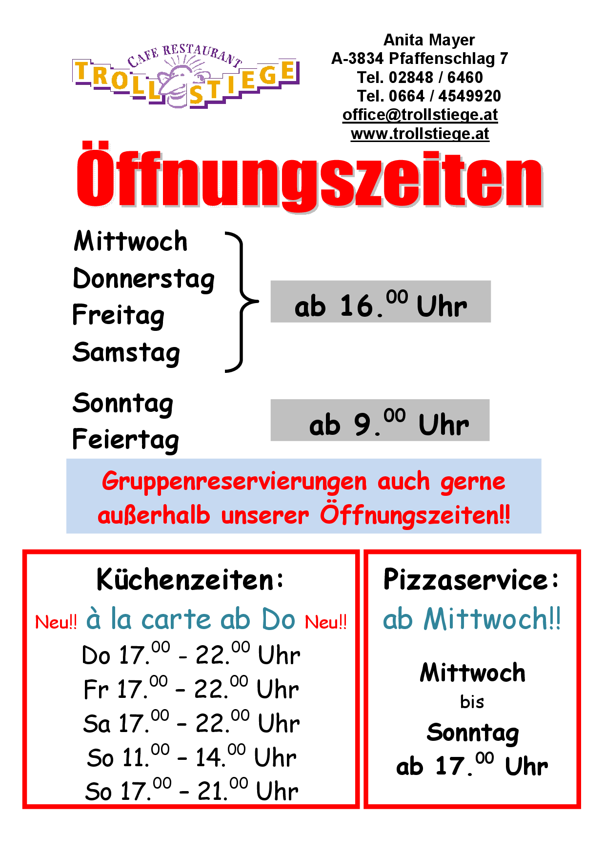 Öffnungszeiten ab 1.7.2020